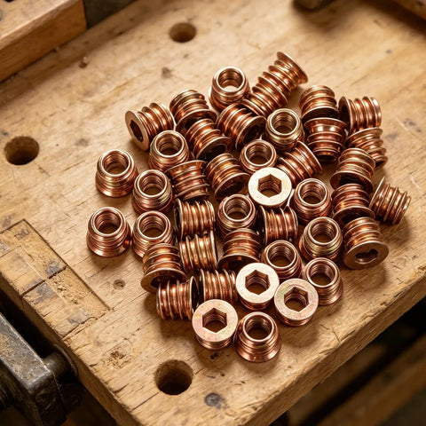 M6x10mm Wood Threaded Inserts With Countersunk Flange for Furniture Carbon Steel pile on wooden surface
