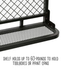 Close-up of Reversible Garage Wall Grid Shelf With Hooks Built Tough Steel Storage Organizer, black, holds 60 lbs mounted to studs.