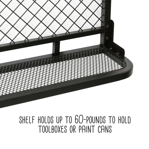 Close-up of Reversible Garage Wall Grid Shelf With Hooks Built Tough Steel Storage Organizer, black, holds 60 lbs mounted to studs.