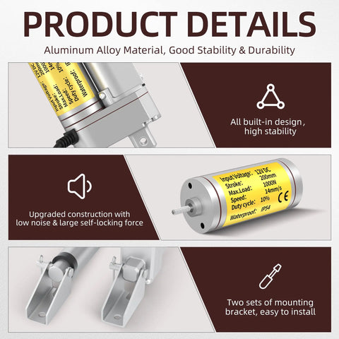 Beefy 12 Volt Linear Actuator With 8 Inch Stroke And 200mm Travel Delivers 1000N Push Pull IP54 Waterproof Reverse Polarity Switch Quiet Smooth Motion For Marine Automotive RV And DIY Projects aluminum alloy actuator with mounting brackets