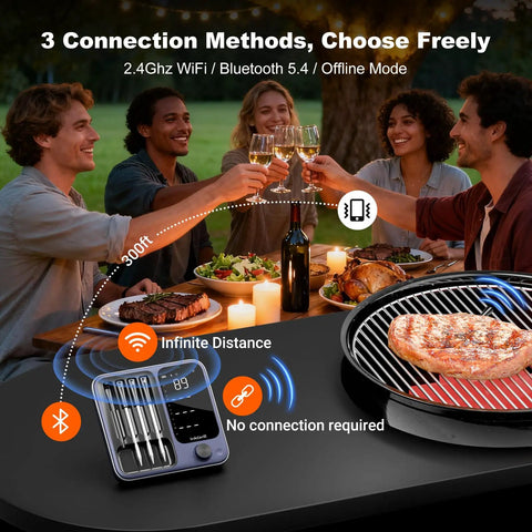 Smart Wireless Meat Thermometer With WiFi And Bluetooth For Smoker Oven And Grill, Four Probes displayed at a barbecue table setting