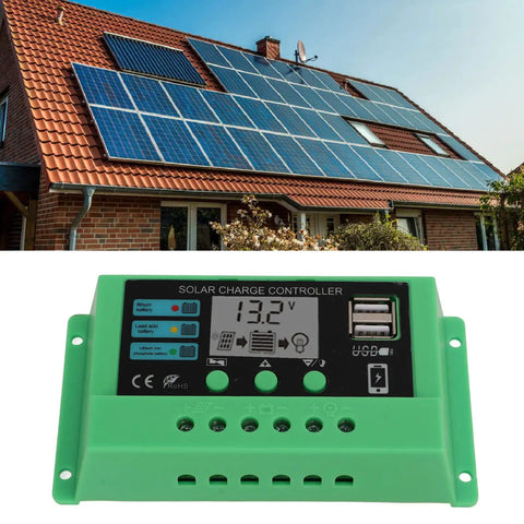 Solar rooftop setup with PWM Solar Charge Controller With Adjustable LCD Display For 12V 24V Systems, Durable Green Shell, Built To Last With Short Circuit Open Circuit Reverse Connection And Overload Protection, No Fuss Setup For Home And Small Business Use, 20A