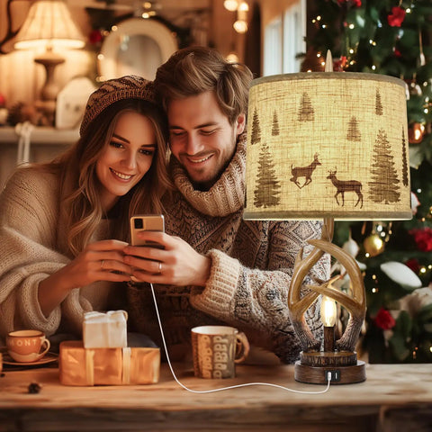 Rustic Farmhouse Antler Table Lamp Set Of 2 With Nightlight And Dual USB Ports in cozy living room setting with couple