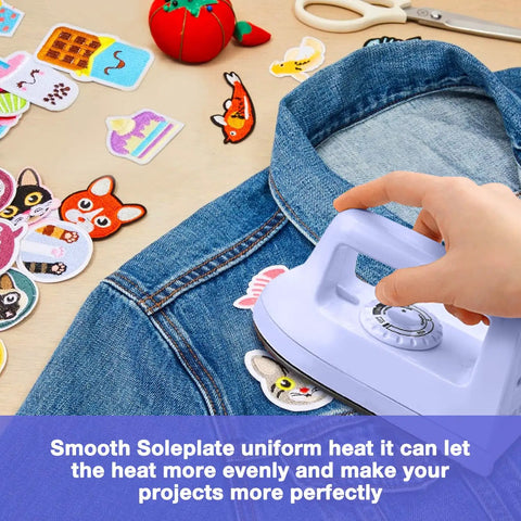 Portable Mini Iron For Crafting And Quilting Projects Compact Electric Heat Press Machine With Fast Heating Function Perfect For Travel in use on denim with patches.