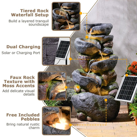 5 Tier Rock Solar Water Fountain Outdoor Garden With LED Lights 36 Inch Tall Cascading Water Feature for patio