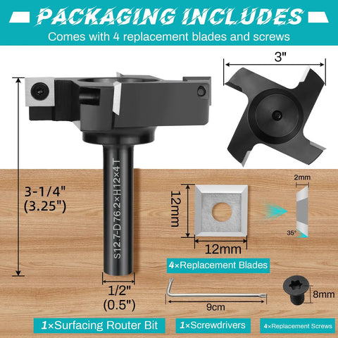 Spoilboard Surfacing Router Bit With Half Inch Shank And Three Inch Cutting Diameter Four Wing Design For Smooth Slab Flattening And Planing In Woodworking Durable Carbide Inserts Included Pro Grade CNC Routing