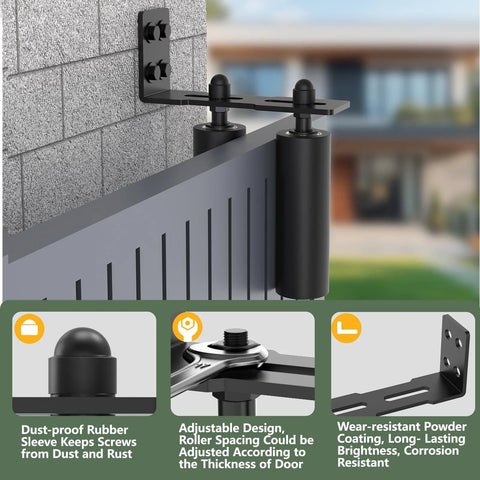 Heavy Duty Sliding Gate Roller Hardware Kit With Steel Wall Mount Bracket And Nylon Roller Guide installed on gate