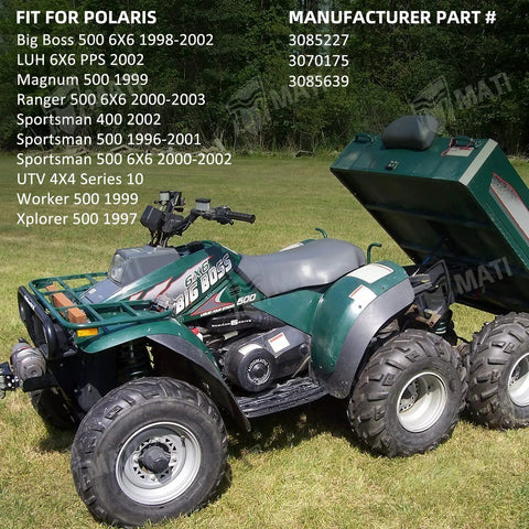 Image of a Polaris Big Boss 500 ATV with open rear cargo area, suitable for ignition coil and spark plug CDI replacement.