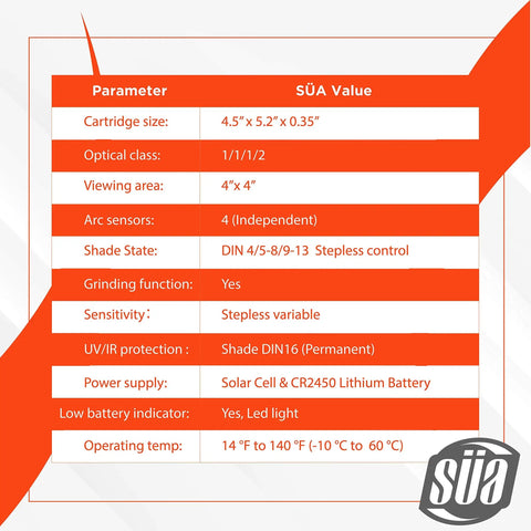 Auto Darkening Welding Helmet With 4x4 True Color Viewing Window specifications chart showing features and power sources