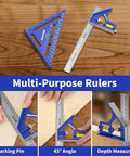 Pro Level Combination Square Set Featuring Heavy Duty Aluminum Zinc Construction With Dual Scale Layout Ruler For Badass Woodworking Shops And Precise Machining Layouts Daily on wooden surface, showcasing 45° angle and depth measuring uses.