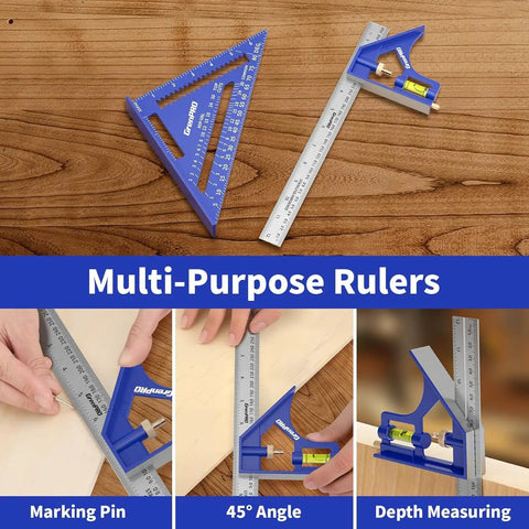 Pro Level Combination Square Set Featuring Heavy Duty Aluminum Zinc Construction With Dual Scale Layout Ruler For Badass Woodworking Shops And Precise Machining Layouts Daily on wooden surface, showcasing 45° angle and depth measuring uses.