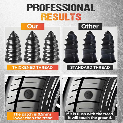 Comparison of thickened and standard thread rubber nails for tire repair with tire patch examples on tread surface.