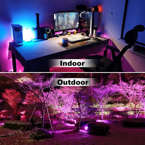 Indoor and outdoor scene with Dope Outdoor LED Flood Light 500W Equivalent RGBW Color Changing Landscape Lighting With 24 Hour Timer