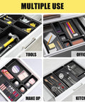 60 Piece Tool Box Organizer Tray Set With 5 Sizes For Easy Drawer And Garage Storage, Black Plastic Trays arranged in drawers