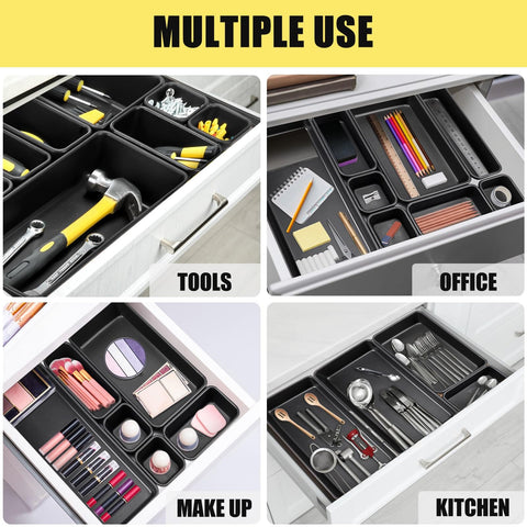 60 Piece Tool Box Organizer Tray Set With 5 Sizes For Easy Drawer And Garage Storage, Black Plastic Trays arranged in drawers