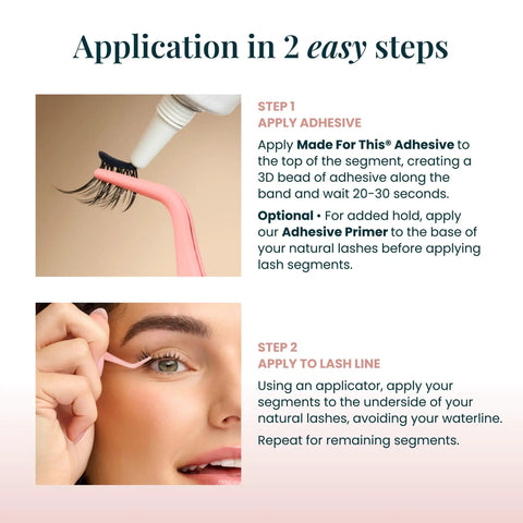 Flirt Ready Set DIY Eyelash Extensions Kit With Glue, showing adhesive application and lash segment placement on lash line.