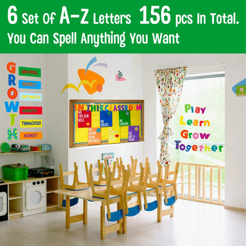 Go To Alphabet Letters Kit For Home And Classroom 288 Piece Bulletin Board Set in classroom with word building decor.