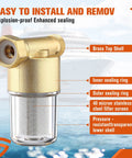Image of Reusable Brass Sediment Water Filter for washer and more, 40 micron inline filter system with labeled parts.