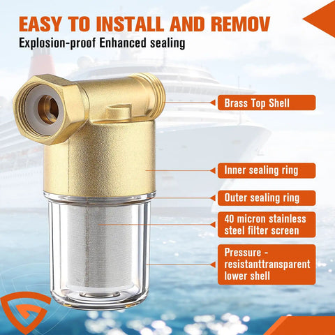 Image of Reusable Brass Sediment Water Filter for washer and more, 40 micron inline filter system with labeled parts.