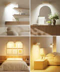 Dope Rechargeable Wood Wall Sconce With Remote And Touch Dimmer in bedroom and living room settings, 360-degree rotation.