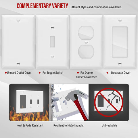 Various wall plate styles including Three-Gang Combination Wall Plate With Double Toggle And Single Decorator Rocker Switch Cutouts