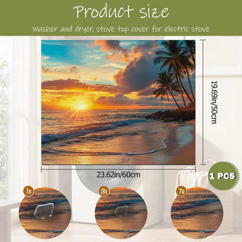Washer And Dryer Top Cover Non Slip Dust Proof Protector 23.6x19.7 inches with sunset beach design, fits kitchen appliances.