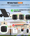 4 Pack Solar Panel Kit for Blink Outdoor Cameras 2K Plus Fourth Gen and Third Gen XT3 XT2 with compatibility details displayed