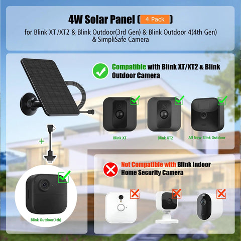 4 Pack Solar Panel Kit for Blink Outdoor Cameras 2K Plus Fourth Gen and Third Gen XT3 XT2 with compatibility details displayed
