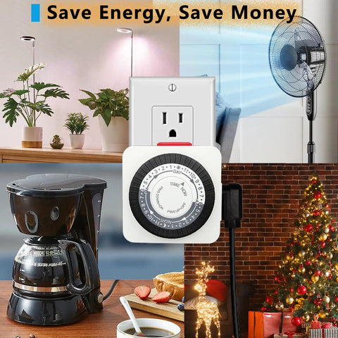 Image of Smooth 24 Hour Dual Wall Outlet Timer Two Pack Indoor Plug In Clock Controller for lights and plants, next to coffee maker and Christmas tree.