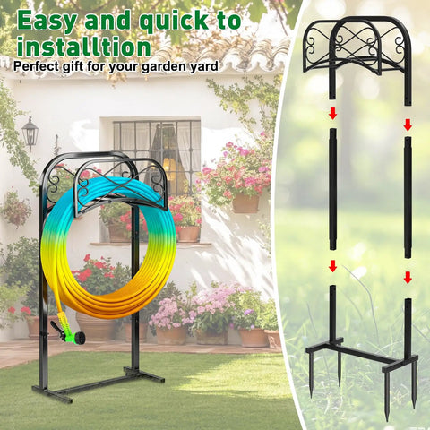 Outdoor Garden Hose Holder Stand 43 Inches Tall With Four Prongs Base Detachable Metal Hose Keeper in Garden Setting