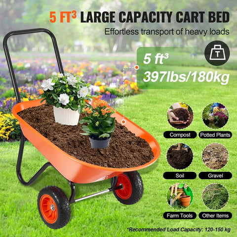 Heavy Duty Workhorse Garden Dump Cart With 5 Cu Ft Load And 397 Lb Capacity Two Wheel Wheelbarrow Easy Dump Design with plants