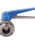 Blue Trigger 1.5 Inch Tri Clamp Butterfly Valve Made From 304 Stainless Steel Clover Body in side view with 13 position handle.