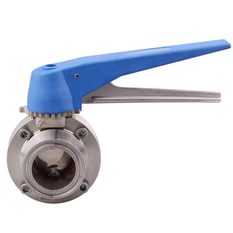 Blue Trigger 1.5 Inch Tri Clamp Butterfly Valve Made From 304 Stainless Steel Clover Body in side view with 13 position handle.