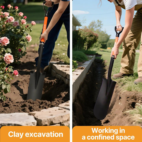 Heavy Duty 45 Inch Orange Fiberglass Handle Spade Shovel For Digging And Trenching In The Backyard used for clay excavation and trenching
