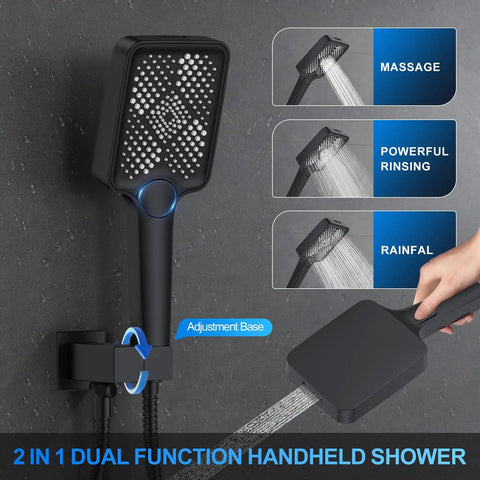 Top Shelf Ceiling Mount Rainfall Shower System With 12 Inch Matte Black Finish Side Spray Heads Self Cleaning Nozzles And Multi Function Handheld Sprayer For A Pro Level Bathroom Glow Up