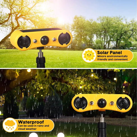 Solar Outdoor Motion Sensor Alarm Kit, 129dB Loud Noise Maker With Strobe Light shown in garden setting