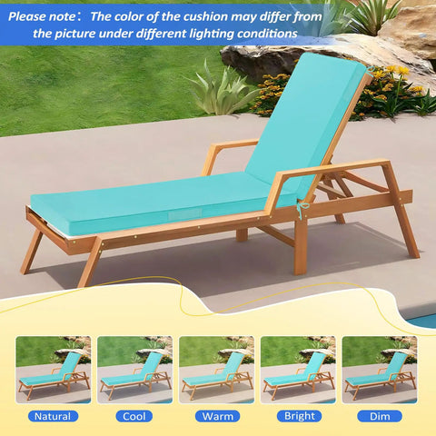 Teal Yard-Ready Two-Piece Outdoor Chaise Lounge Cushions Set With 3-Layer Waterproof Removable Covers And Ties on wooden chaise
