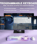 Slick Wireless Mechanical Gaming Keyboard With Smart Lcd Screen showing customizable settings on monitor for gaming use.