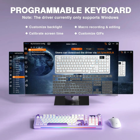 Slick Wireless Mechanical Gaming Keyboard With Smart Lcd Screen showing customizable settings on monitor for gaming use.