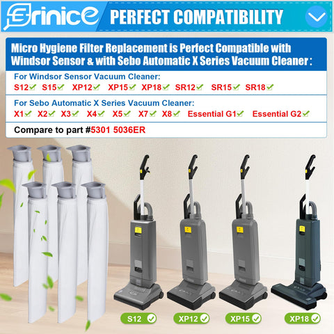 Top Notch Micro Hygiene Filter Replacement For Windsor Sensor S12 S15 XP SR Series Vacuums And Sebo Automatic X Series And Essential G1 G2 Uprights Part 5301 5036ER Microfilter 6 Pack in packaging with compatibility details.