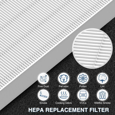 Close-up of Six Pack HEPA Air Purifier Filter Replacement R Style For HPA100 HPA200 HPA300 And 5000 Series with icons of allergens.