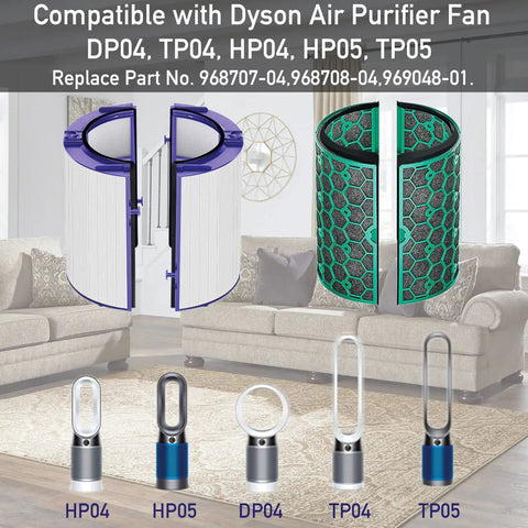 Two Pack Air Purifier Filter Replacement for TP04 HP04 DP04 TP05 DP05 in living room with compatible fans shown