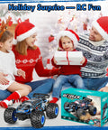 Family with gifts and All Terrain 1:18 RC Car With LED Lights 2WD Remote Control Truck shown in packaging under tree