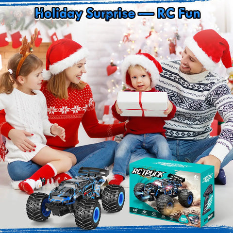 Family with gifts and All Terrain 1:18 RC Car With LED Lights 2WD Remote Control Truck shown in packaging under tree