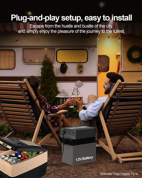 Couple enjoying drinks outdoors with Tailgate Tested 2000W Power Inverter DC To AC Converter 12V To 110V for RV camping.