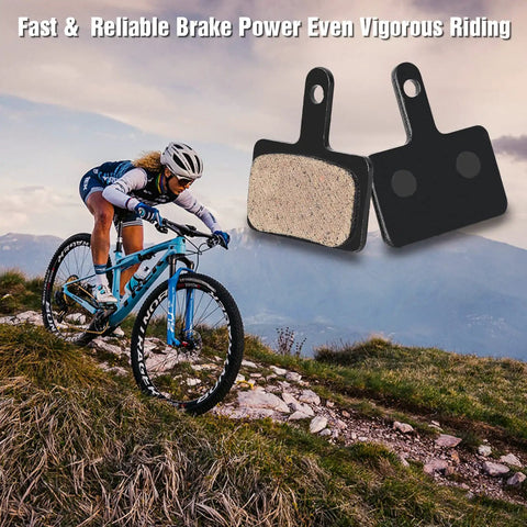 Mountain biker riding with Four Pairs Bike Brake Pads With Essential Installation Tools for MTB Disc Brakes, pads on display