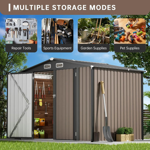 Rugged Metal Storage Shed With Sloping Roof For Backyard And Patio, Outdoor Steel Utility And Tool Shed, doors open showing interior