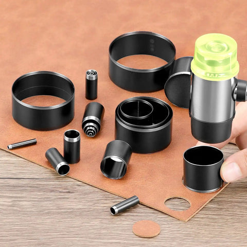 Leather Circle Cutter Tool Set With 21 Piece Pro Grade High Carbon Steel Punch Kit displayed on leather fabric.