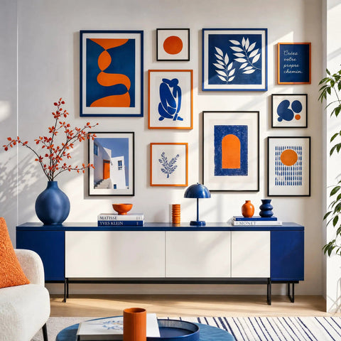 Gallery wall in living room showcasing Large Picture Hanging Strips 28 Pairs 56 White Strips Heavy Duty Adhesive Hook And Loop Tape Removable Damage Free Wall Hangers Holds Up To 16 Lbs For Frames Photos And Holiday Decor with abstract pictures and orange decor accents.