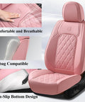Pink Leather Car Seat Covers Full Set For Most Cars, Universal Waterproof Front And Back Seat Protector shown with close-up details